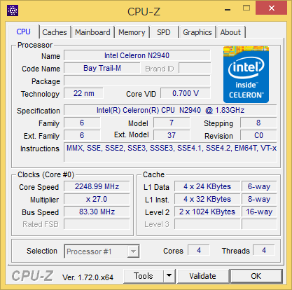 「CPU-Z」によるCPUの詳細情報