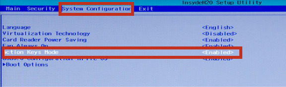 カーソルキーの「→」を2回押して「System Configuration」に合わせ、さらに「↓」キーを4回押して「Action Keys Mode」に合わせる　※キーを押す回数は機種によって変わる場合があります
