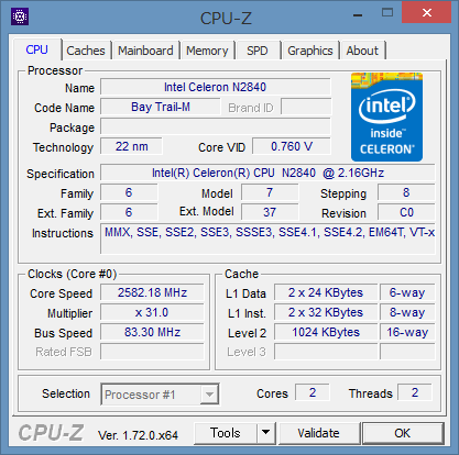 「CPU-Z」によるCeleron N2840の詳細情報