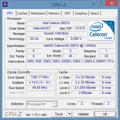 「CPU-Z」による詳細情報。Haswell世代の省電力CPUである「Uシリーズ」