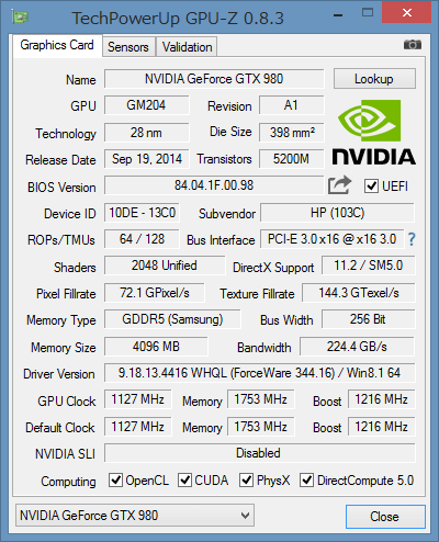 「GPU-Z」によるGeForce GTX 980の詳細情報