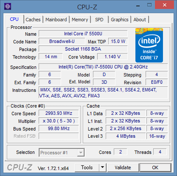 「CPU-Z」によるCPUの詳細情報。Broadwell-UシリーズのCore i7-5500Uが使われていました