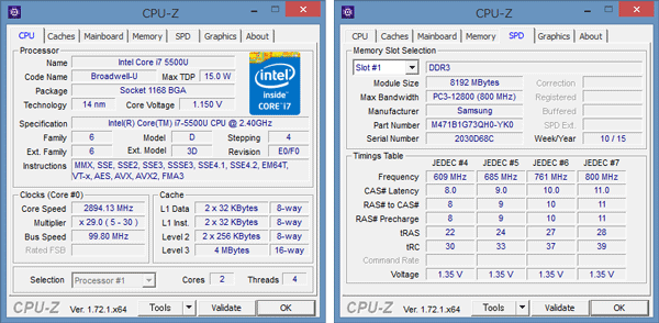 「CPU-Z」によるCore i7-5500Uの詳細情報。メモリーには8GBのモジュールがひとつ使われていました