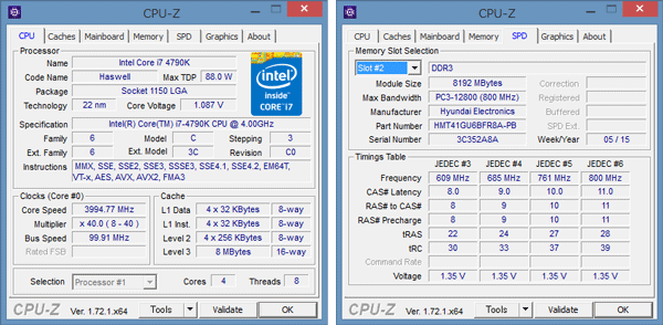 「CPU-Z」によるCPUとメモリーの詳細情報。16GBのメモリーを搭載した試用機では、8GBのメモリーモジュールが2枚使われています