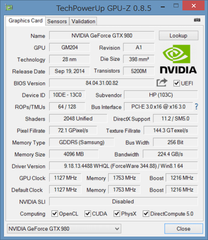 「GPU-Z」によるGeForce GTX 980の詳細情報