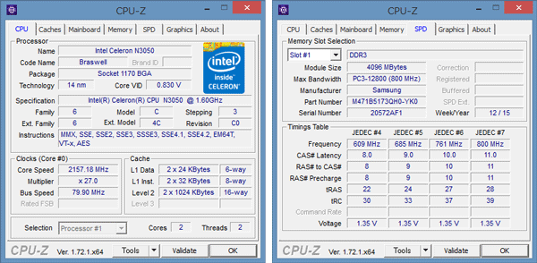「CPU-Z」によるCeleron N3050の詳細情報。メモリーには4GBのモジュールがひとつ使われています