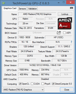 「GPU-Z」によるAMD Radeon R2 グラフィックスの詳細情報