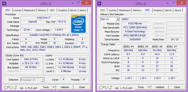 「CPU-Z」によるCPUの詳細情報。メモリーには8GBのモジュールが1個使われていました