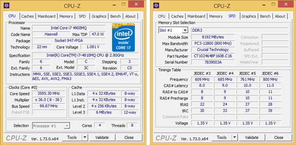 「CPU-Z」では「Core i7-4900MQ]と表示されていますが、実際にはCore i7-4810MQです（写真左）。メモリーには8GB×2の合計16GBを搭載しています