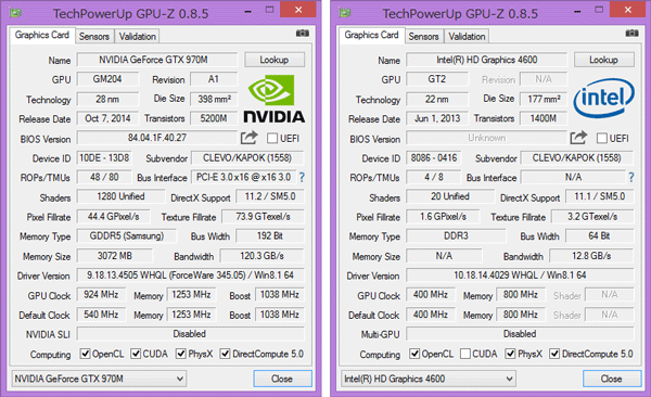 外付けGPUとしてGeForce GTX 970M（3GB）を搭載。負荷の低いときはCPU内蔵のIntel HD Graphics 4600が使われます