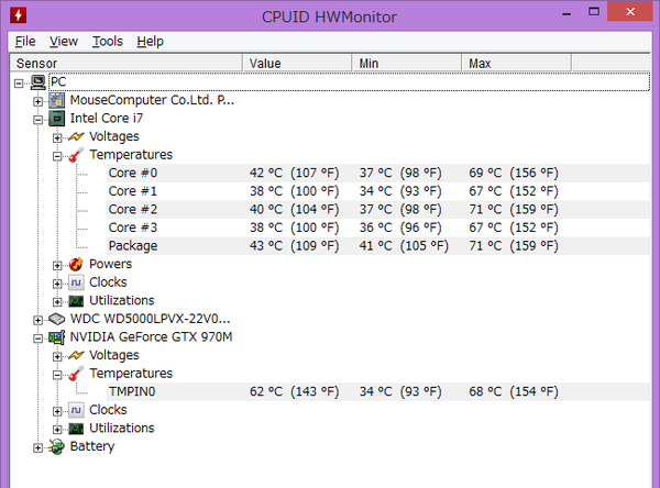負荷の高いベンチマーク中でも、CPUとGPU温度は70度前後でした
