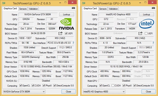 外付けGPUとしてGeForce GTX 980M（8GB）を搭載。負荷の低いときはCPU内蔵のIntel HD Graphics 4600が使われます