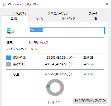 試用機では、Cドライブに426GBの空き容量が残されていました