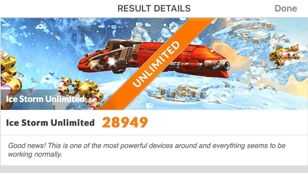 iPhoneは「Ice Storm Unlimited」で「28949」という結果。そのほかのテストでは軽すぎを表わす「Maxed Out！」に