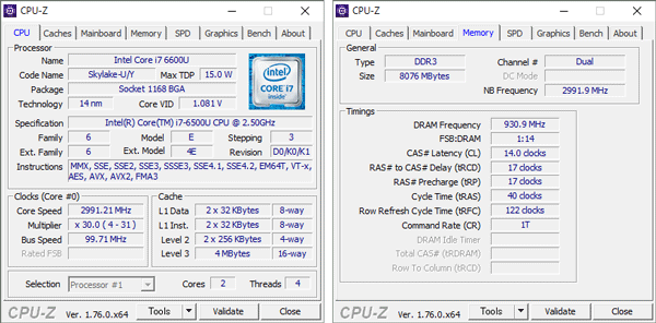 Core i7-6500Uの詳細情報。メモリーにはDDR3Lが使われています
