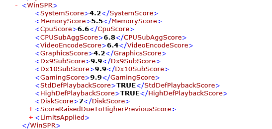 Windowsシステム評価ツール（WinSAT.exe）の結果（Windowsエクスペリエンスインデックス）