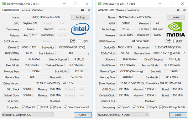 グラフィックス機能としてはCPU内蔵のIntel HD Graphics 530と、外付けGPUのGeForce GTX 965Mを切り替えて利用します