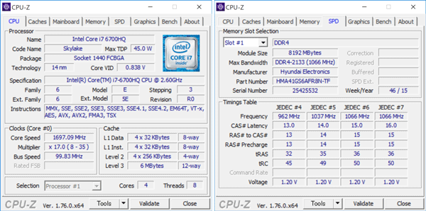 Core i7-6700HQの詳細情報。メモリーはDDR4 8GB×2の構成