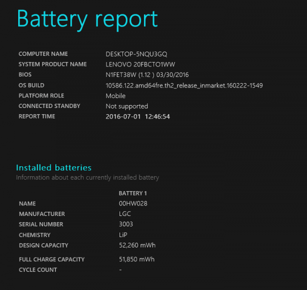 試用機のバッテリーレポート。設計上の（バッテリー）容量は52,260mWhでした