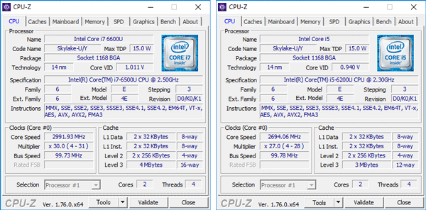 Core i7-6500U（左）とCore i5-6200U（右）の詳細情報