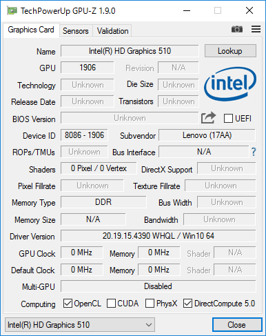 Celeron 3855U内蔵のIntel HD Graphics 510詳細情報