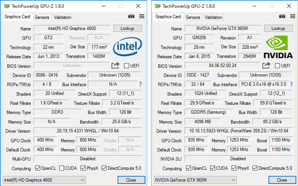 グラフィックス機能としてはCPU内蔵のIntel HD Graphics 530と、外付けGPUのGeForce GTX 965Mを切り替えて利用します