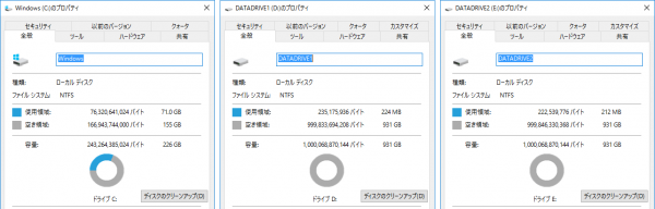 それぞれのドライブの空き容量　※クリックで拡大