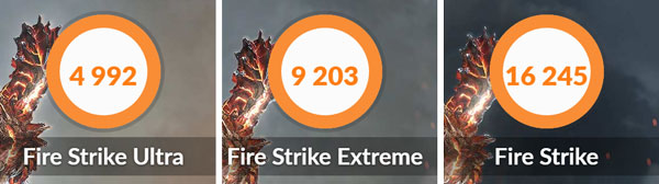 「3DMark」ベンチマーク結果。4K解像度での3D性能を計測する「Fire Strike Ultra」は「4992」、WQHD解像度の「Fire Strike Extreme」は「9203」、フルHDの「Fire Strike 」は「16245」という結果でした