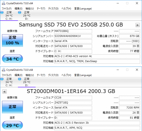 試用機ではSSDに「Samsung 750 EVO」の250GBモデル、HDDにはシーゲートの「BarraCuda 2000GB（ST2000DM001）」が使われていました