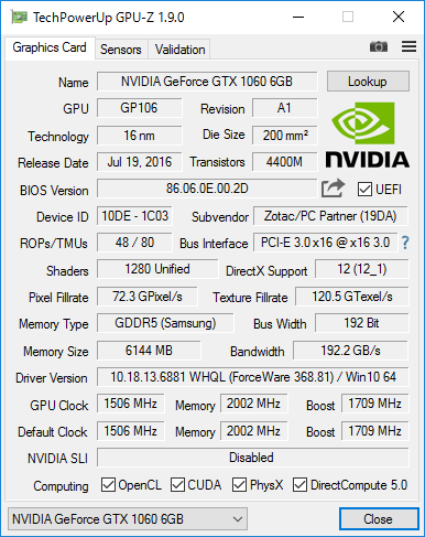 GeForce GTX 1060（6GB）の詳細情報」