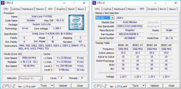 Core i7-6700Kの詳細情報。メモリーは8GB×2の構成です