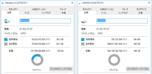 Cドライブには65.7GB、Dドライブには465GBの空き容量が残されていました　※クリックで拡大