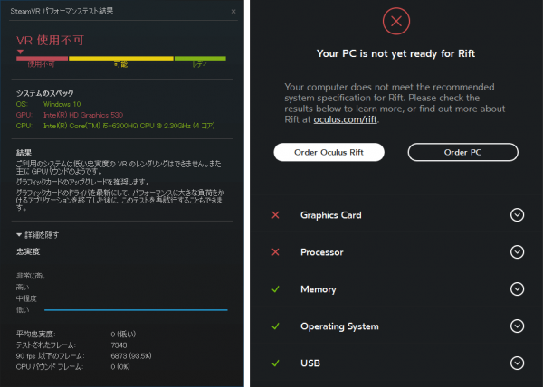 「SteamVR Performance Test」（左）と「Oculus Rift Compatibility Tool」（右）の結果　※クリックで拡大