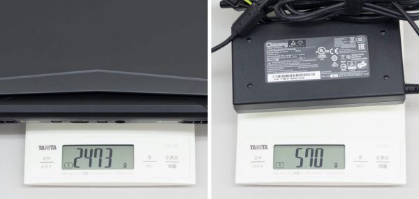 重量は実測で2.473kg。電源アダプターが570gでしたので、ふたつ同時だと3kgを超えます　※クリックで拡大