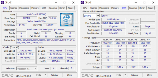 Core i7-6700HQの詳細。メモリーは8GB×2の構成です　※クリックで拡大