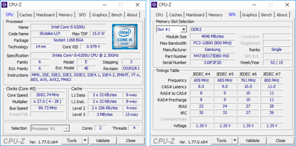 Core i5-6200Uの詳細状情報。試用機ではメモリーに4GB×2が使われていました