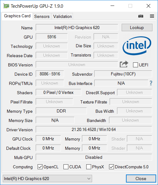 「GPU-Z」によるIntel HD Graphics 620の詳細情報