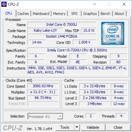 CPU-ZによるCore I5-7200Uの詳細情報