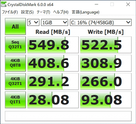 dynabook RZ63 ストレージのアクセス速度(CrystalDiskMark)