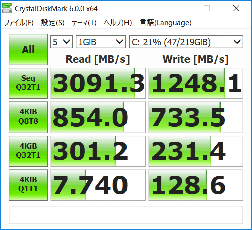 HP ENVY 13-ah0000 ストレージのアクセス速度 (Crystal Diskmark)