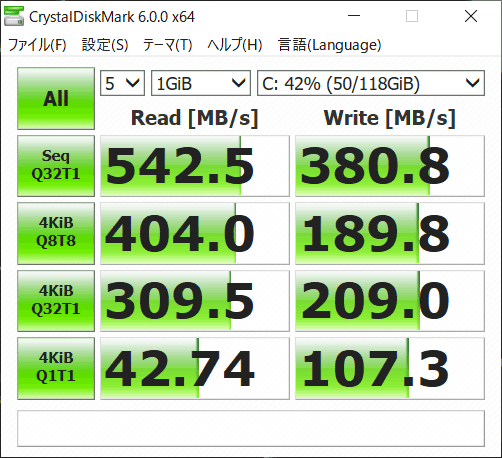 VAIO A12 ストレージのアクセス速度 (Crystal Diskmark)